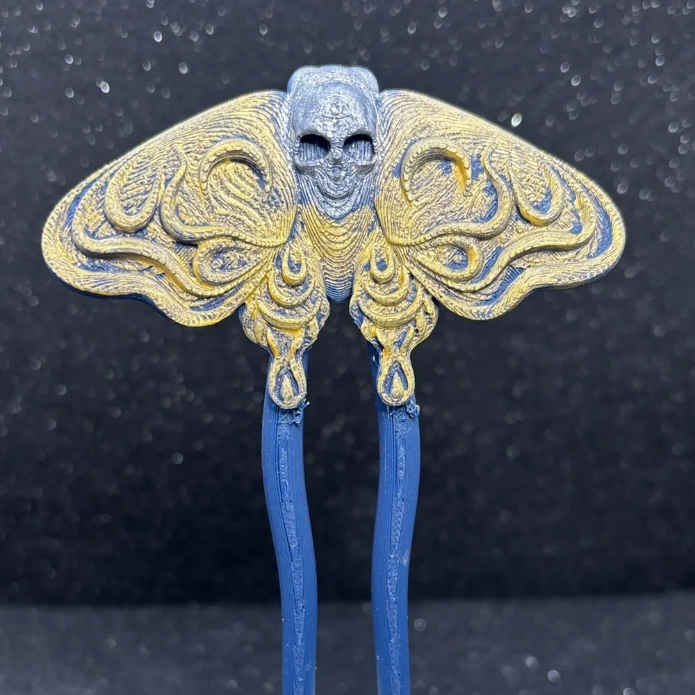 Gothic Moth Skull Hair Pin Blue & Gold Death Moth Fantasy Hair Accessory